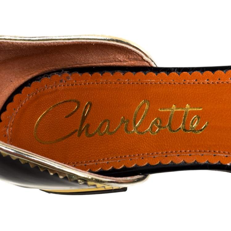 Pre Owned Charlotte Olympia Black/Gold Brogue Kitty Leather Flat Ankle Cuff Sandals Size 40