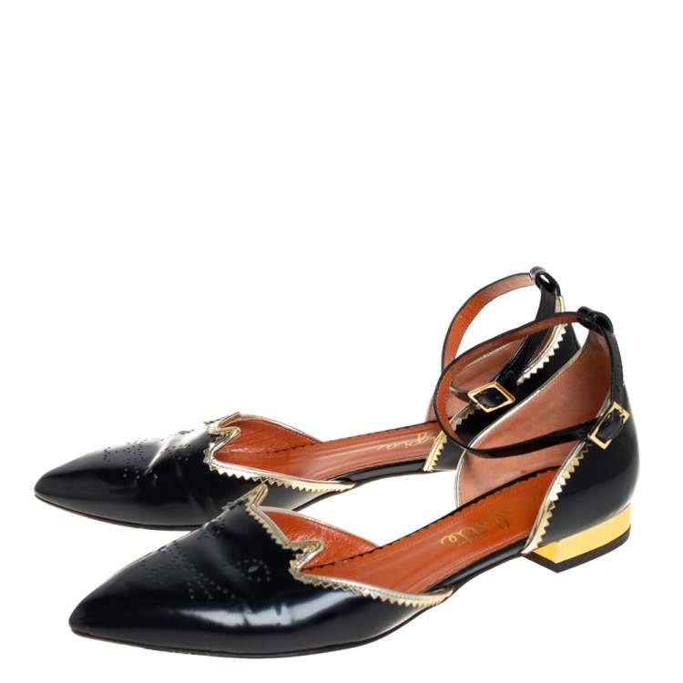 Pre Owned Charlotte Olympia Black/Gold Brogue Kitty Leather Flat Ankle Cuff Sandals Size 40