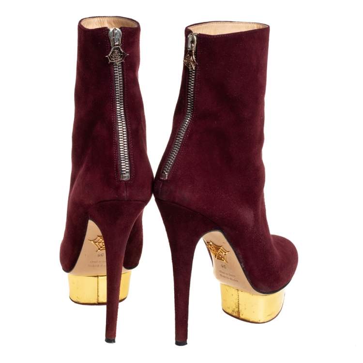 Pre Owned Charlotte Olympia Burgundy Suede  Ankle Boots Size 36