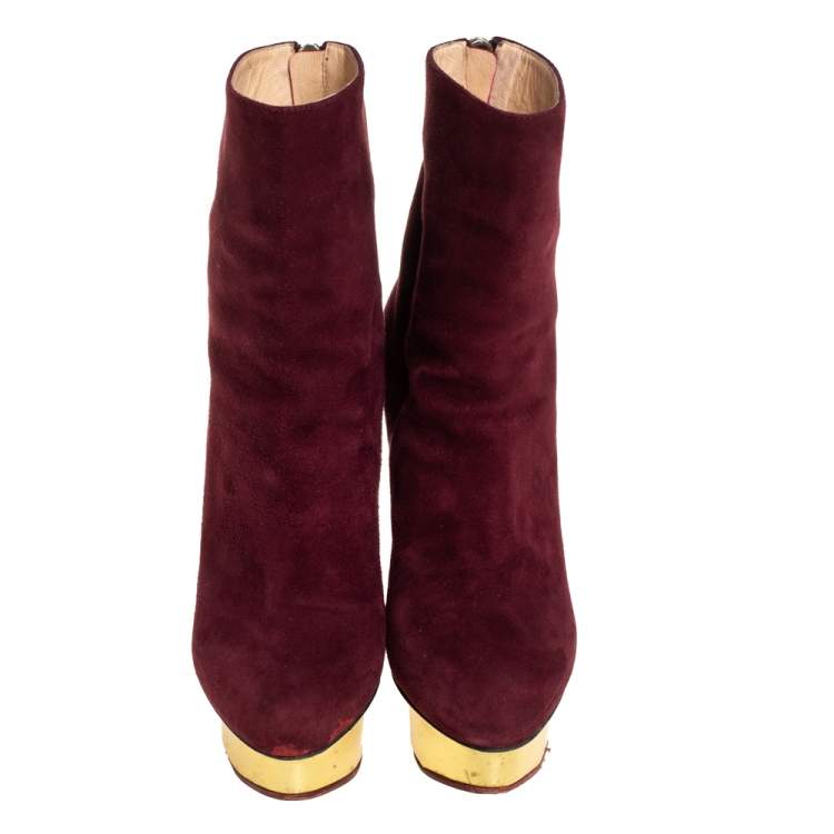 Pre Owned Charlotte Olympia Burgundy Suede  Ankle Boots Size 36