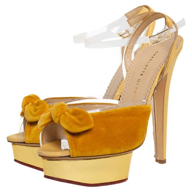 Pre Owned Charlotte Olympia Yellow Velvet And Fabric Knot Platform Ankle Strap Sandals Size 40
