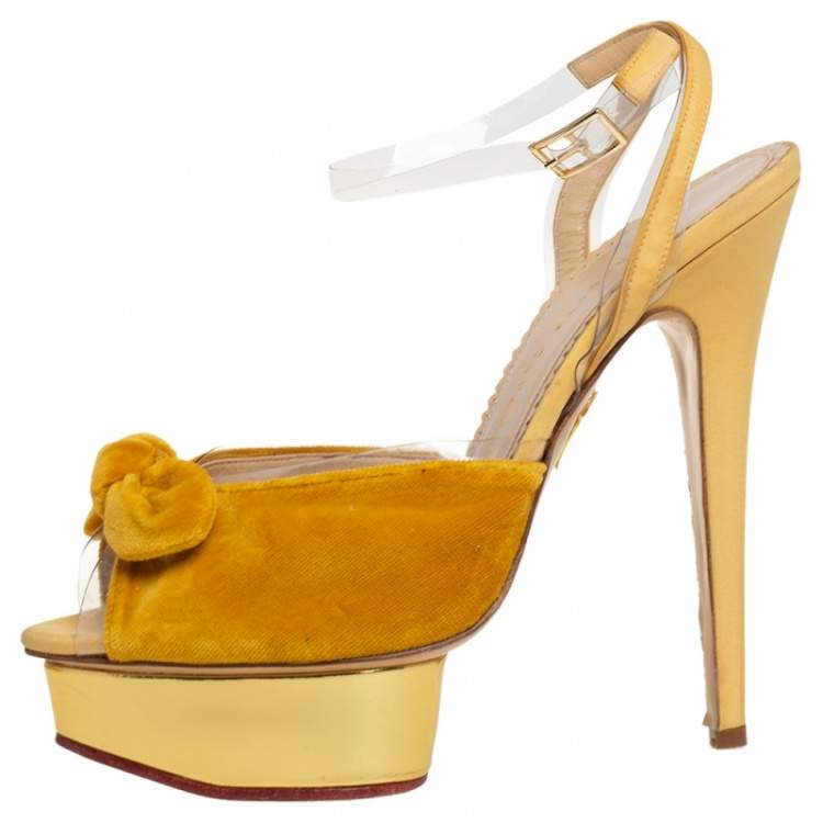 Pre Owned Charlotte Olympia Yellow Velvet And Fabric Knot Platform Ankle Strap Sandals Size 40