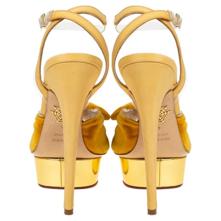 Pre Owned Charlotte Olympia Yellow Velvet And Fabric Knot Platform Ankle Strap Sandals Size 40