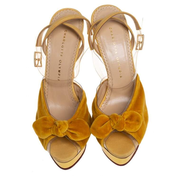 Pre Owned Charlotte Olympia Yellow Velvet And Fabric Knot Platform Ankle Strap Sandals Size 40
