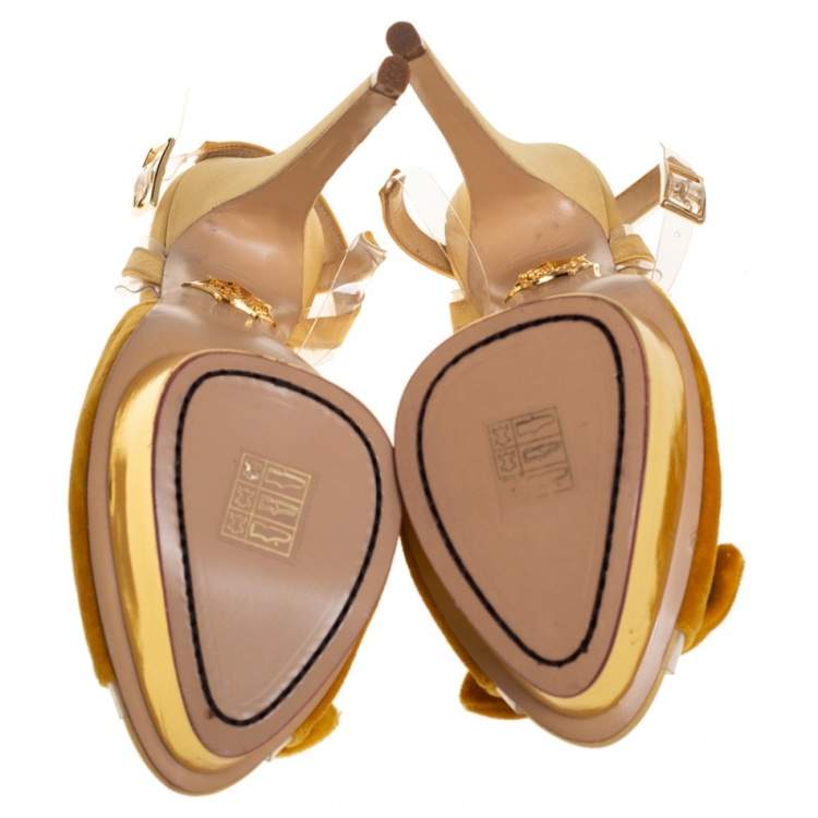 Pre Owned Charlotte Olympia Yellow Velvet And Fabric Knot Platform Ankle Strap Sandals Size 40