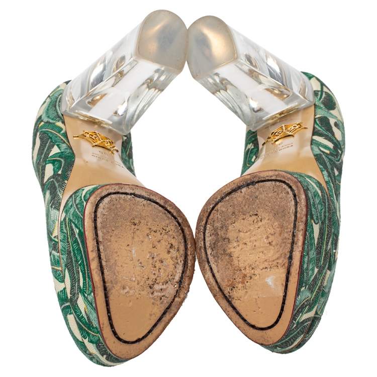 Pre Owned Charlotte Olympia Green Leaves Printed Canvas And PVC Mabel Platform Pumps Size 35
