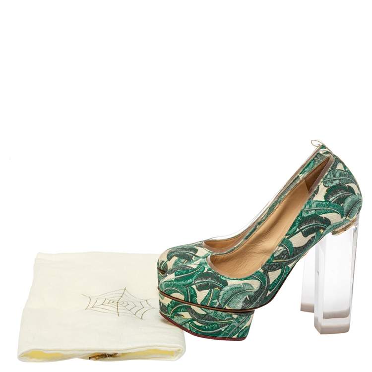 Pre Owned Charlotte Olympia Green Leaves Printed Canvas And PVC Mabel Platform Pumps Size 35