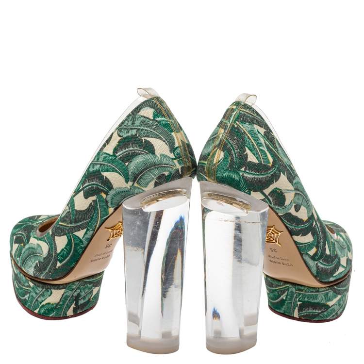 Pre Owned Charlotte Olympia Green Leaves Printed Canvas And PVC Mabel Platform Pumps Size 35
