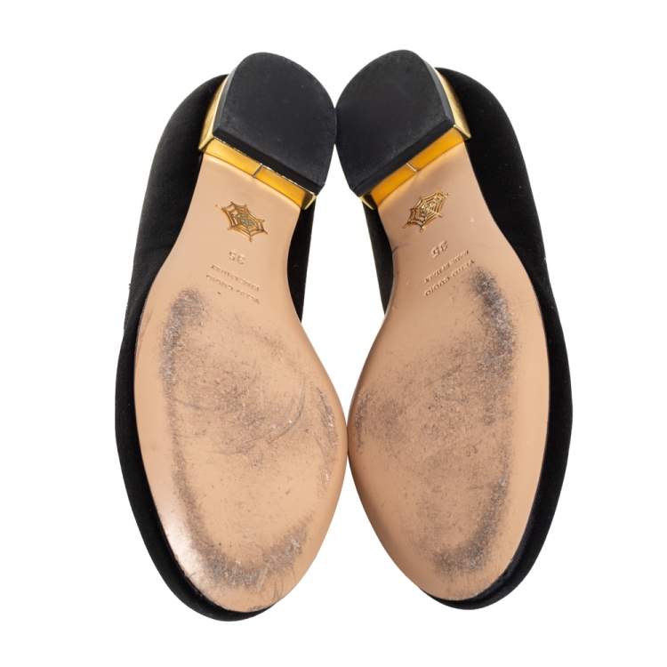 Pre Owned Charlotte Olympia Black Satin Kitty Ballet Flats Size 35 