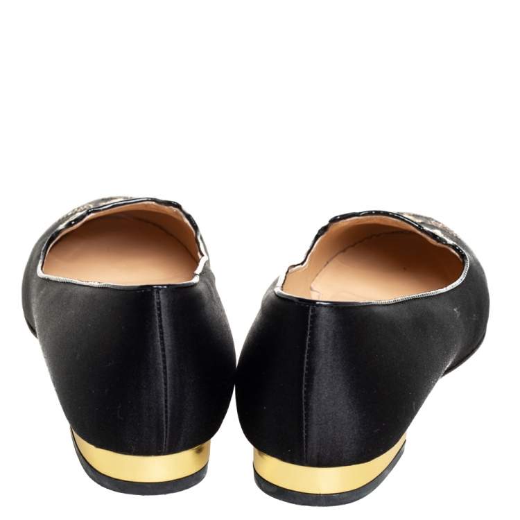 Pre Owned Charlotte Olympia Black Satin Kitty Ballet Flats Size 35 