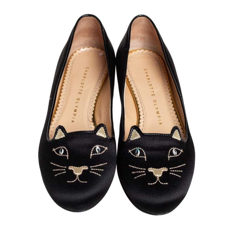 Pre Owned Charlotte Olympia Black Satin Kitty Ballet Flats Size 35 