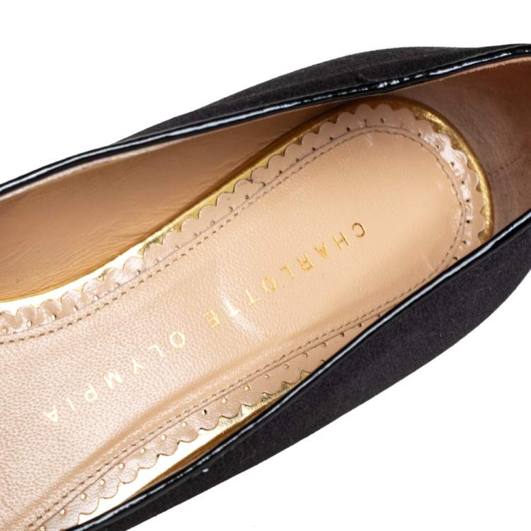 Pre Owned Charlotte Olympia Black Satin Kitty Ballet Flats Size 35 