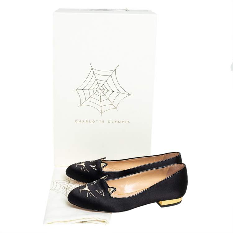 Pre Owned Charlotte Olympia Black Satin Kitty Ballet Flats Size 35 