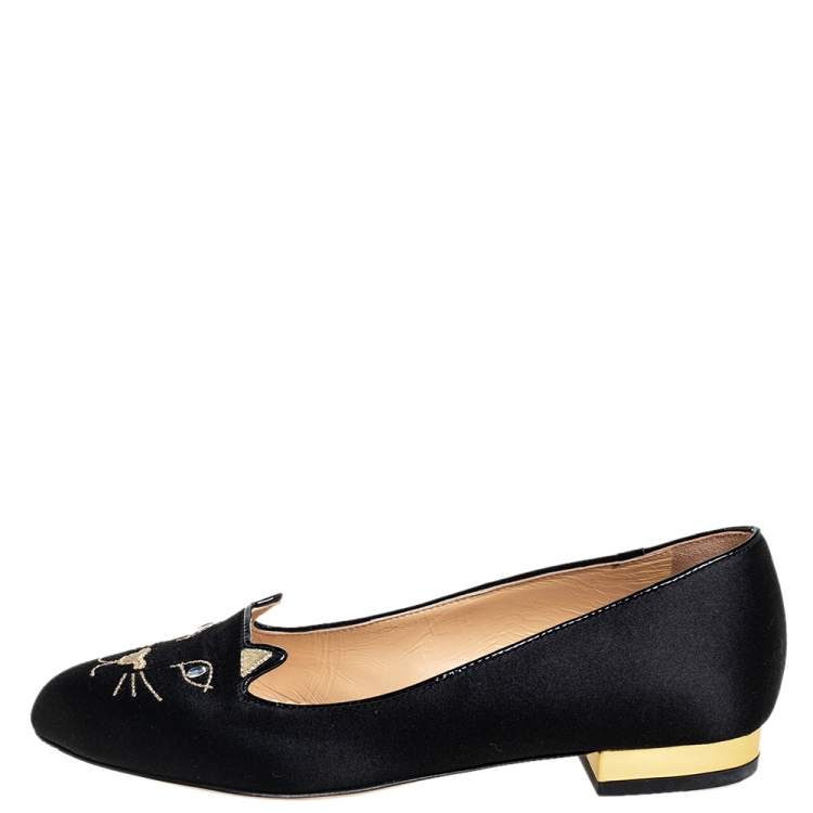 Pre Owned Charlotte Olympia Black Satin Kitty Ballet Flats Size 35 