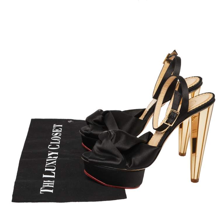 مملوكة مسبقًا Charlotte Olympia Black Satin Serena  Ankle Strap Sandals Size 37