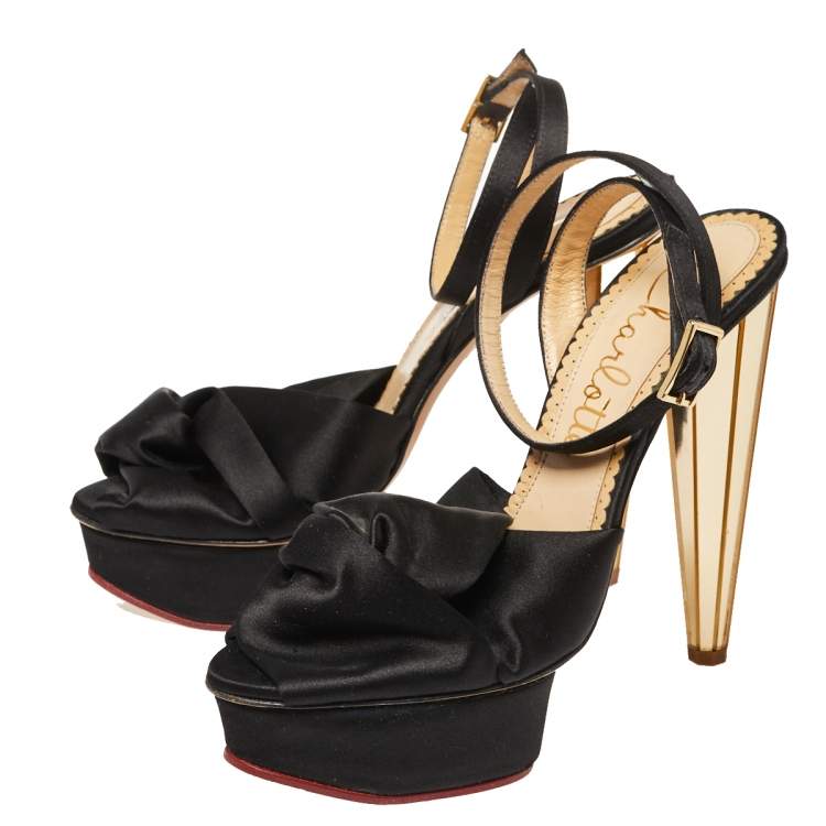 مملوكة مسبقًا Charlotte Olympia Black Satin Serena  Ankle Strap Sandals Size 37