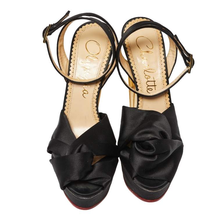 مملوكة مسبقًا Charlotte Olympia Black Satin Serena  Ankle Strap Sandals Size 37