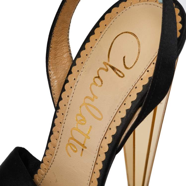 مملوكة مسبقًا Charlotte Olympia Black Satin Serena  Ankle Strap Sandals Size 37