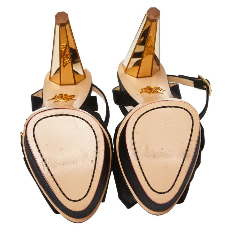 مملوكة مسبقًا Charlotte Olympia Black Satin Serena  Ankle Strap Sandals Size 37