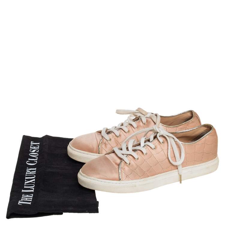 Pre Owned Charlotte Olympia Peach Satin Web Low Top Sneakers Size 36.5