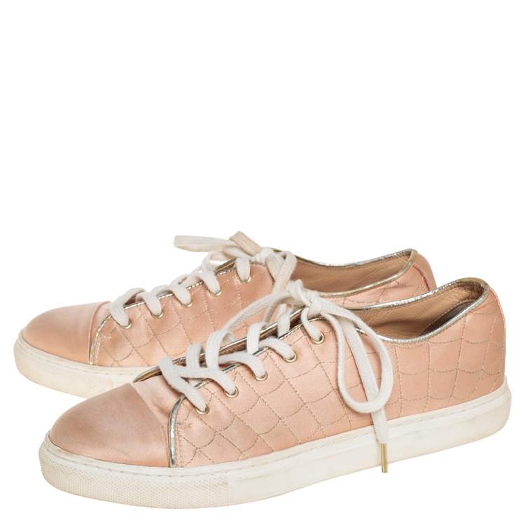 Pre Owned Charlotte Olympia Peach Satin Web Low Top Sneakers Size 36.5
