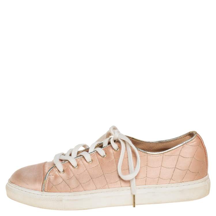 Pre Owned Charlotte Olympia Peach Satin Web Low Top Sneakers Size 36.5