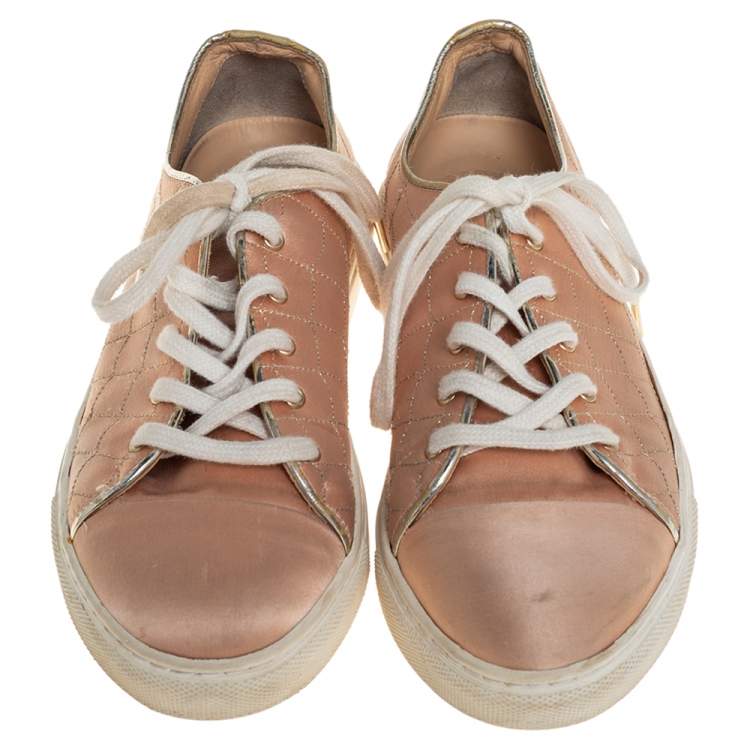 Pre Owned Charlotte Olympia Peach Satin Web Low Top Sneakers Size 36.5