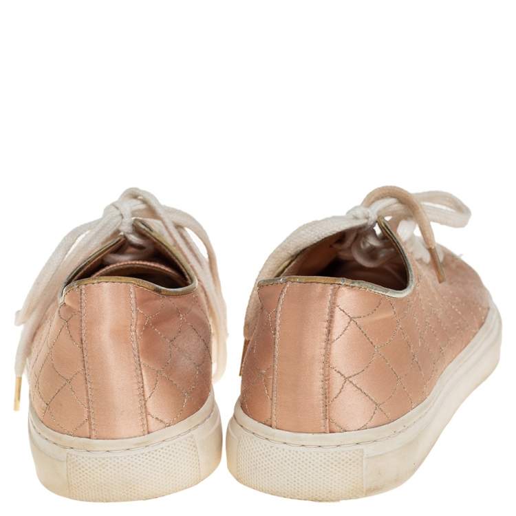 Pre Owned Charlotte Olympia Peach Satin Web Low Top Sneakers Size 36.5