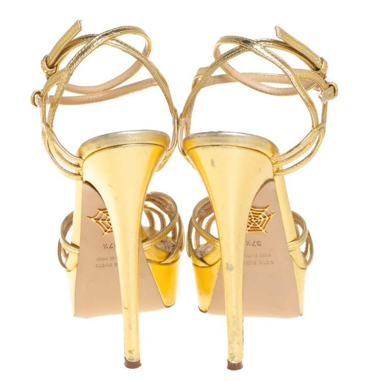 Pre Owned Charlotte Olympia Gold Leather Octavia Platform Ankle Strap Sandals Size 37.5