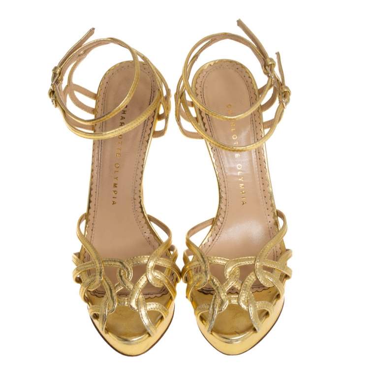 Pre Owned Charlotte Olympia Gold Leather Octavia Platform Ankle Strap Sandals Size 37.5