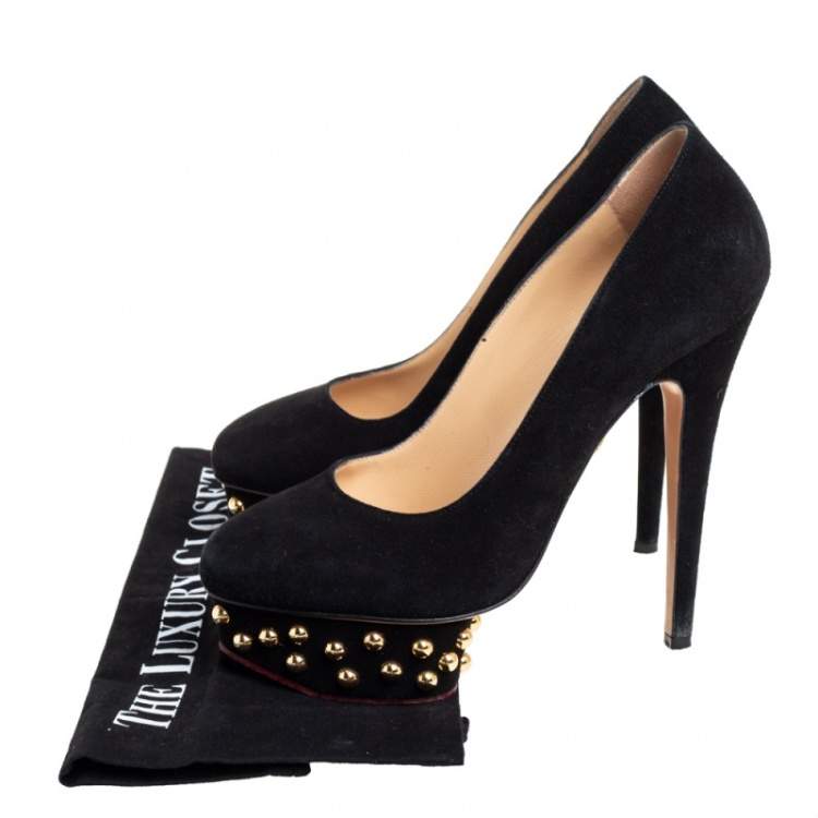 Pre Owned Charlotte Olympia Black Suede Dolly Studded Platform Pumps Size 37.5