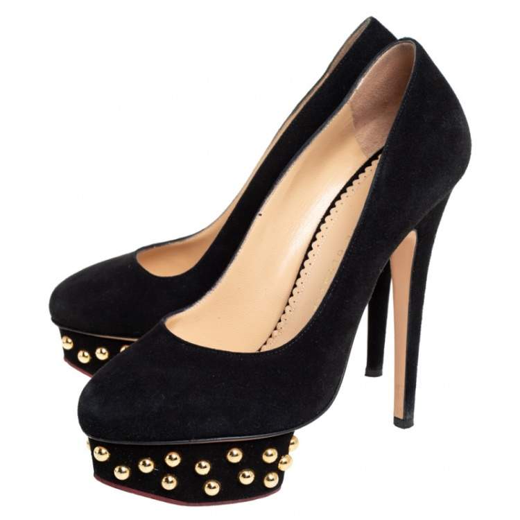 Pre Owned Charlotte Olympia Black Suede Dolly Studded Platform Pumps Size 37.5