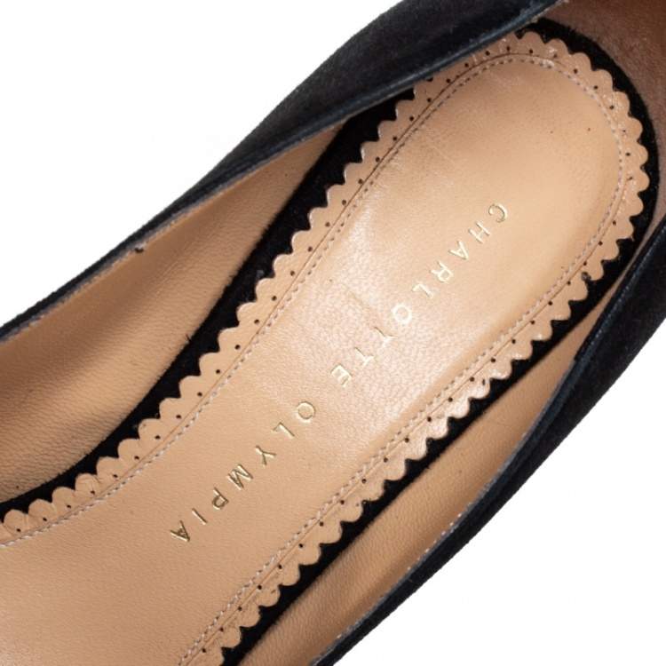 Pre Owned Charlotte Olympia Black Suede Dolly Studded Platform Pumps Size 37.5