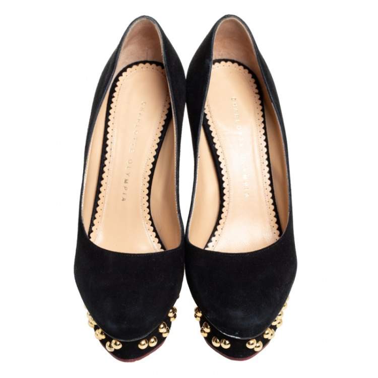 Pre Owned Charlotte Olympia Black Suede Dolly Studded Platform Pumps Size 37.5