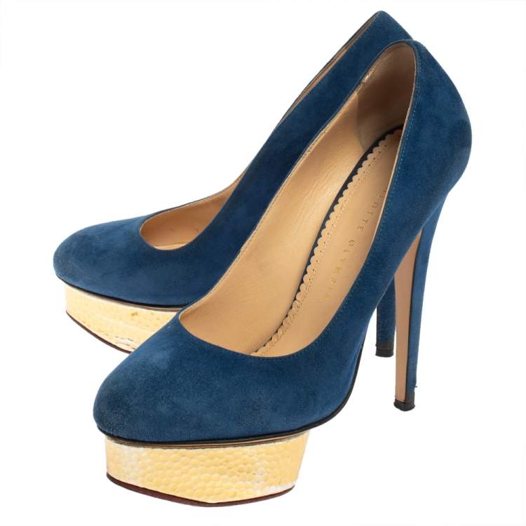 Pre Owned Charlotte Olympia Blue Suede Dolly Platform Pumps Size 38.5