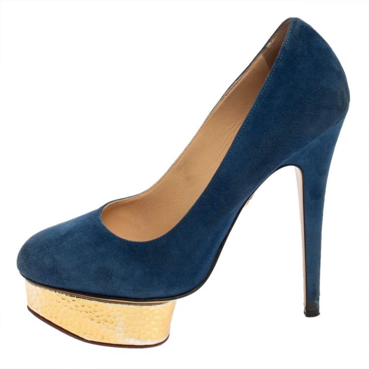 Pre Owned Charlotte Olympia Blue Suede Dolly Platform Pumps Size 38.5