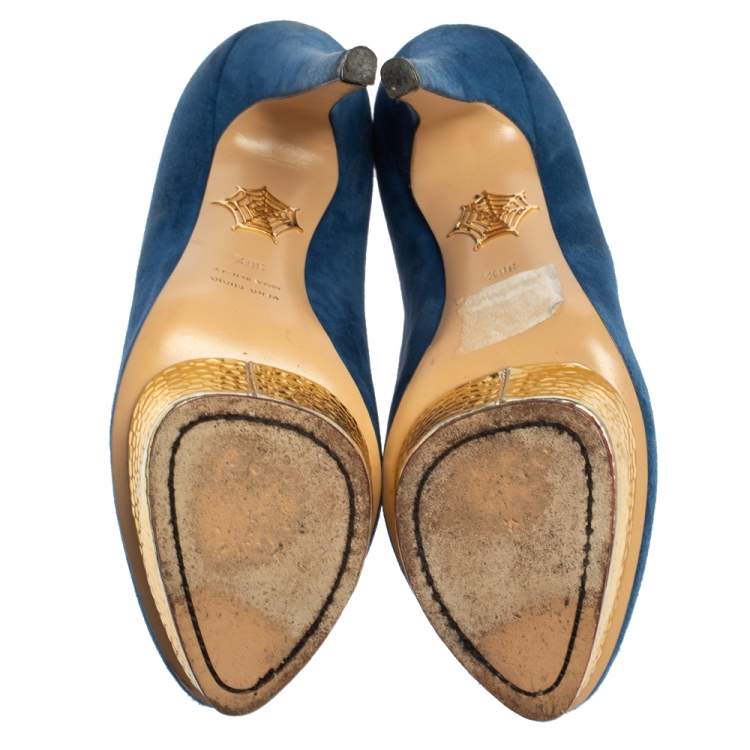 Pre Owned Charlotte Olympia Blue Suede Dolly Platform Pumps Size 38.5