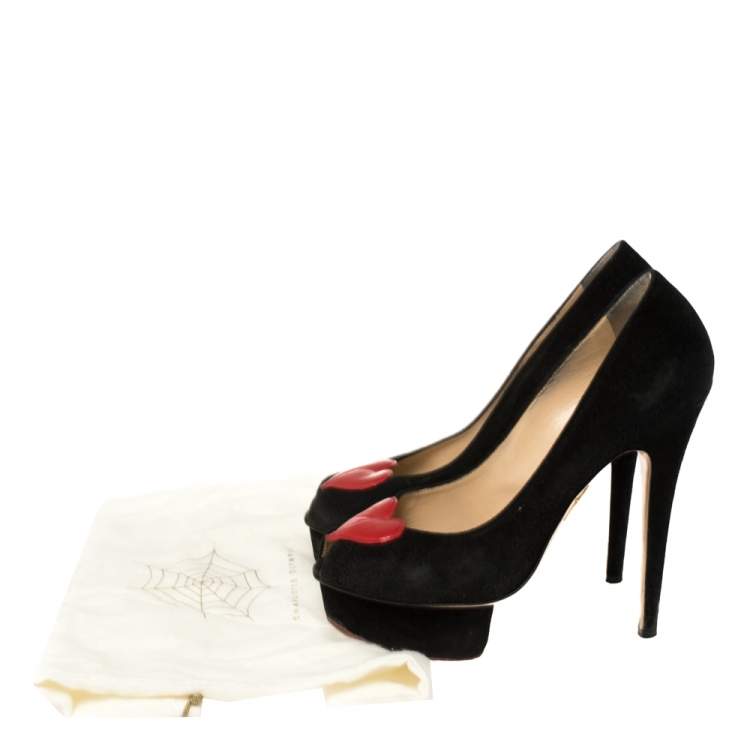 Pre Owned Charlotte Olympia Black Suede Delphine Heart Detail Platform Pumps Size 38