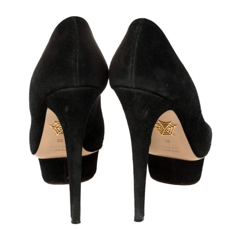 Pre Owned Charlotte Olympia Black Suede Delphine Heart Detail Platform Pumps Size 38
