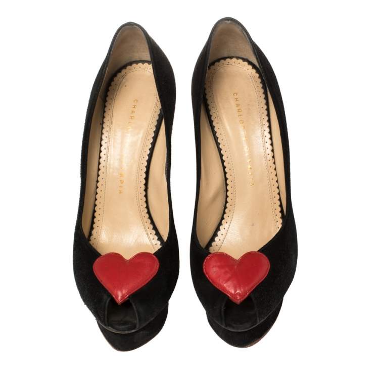 Pre Owned Charlotte Olympia Black Suede Delphine Heart Detail Platform Pumps Size 38