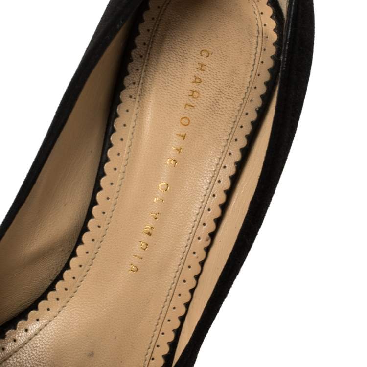 Pre Owned Charlotte Olympia Black Suede Delphine Heart Detail Platform Pumps Size 38