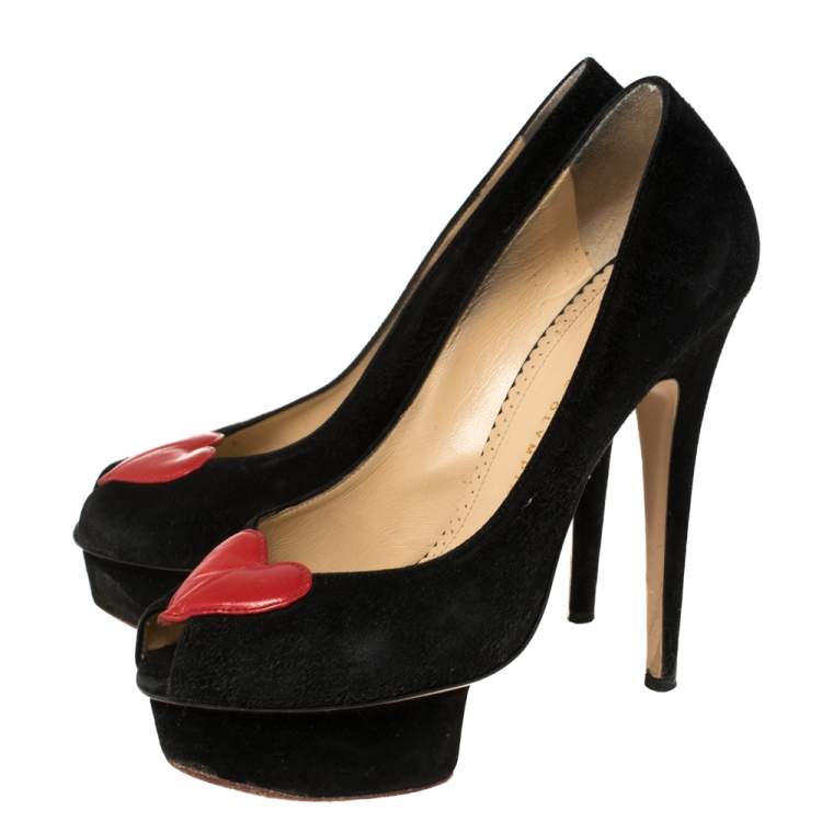 Pre Owned Charlotte Olympia Black Suede Delphine Heart Detail Platform Pumps Size 38