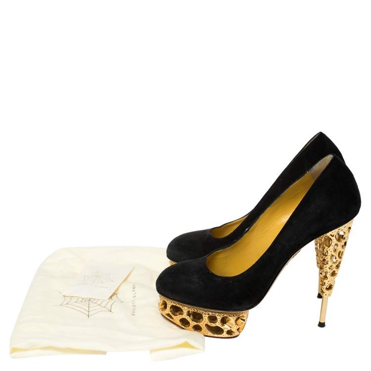 Pre Owned Charlotte Olympia Suede Gold Sculptured Heel Objets D'Art Pumps Size 39