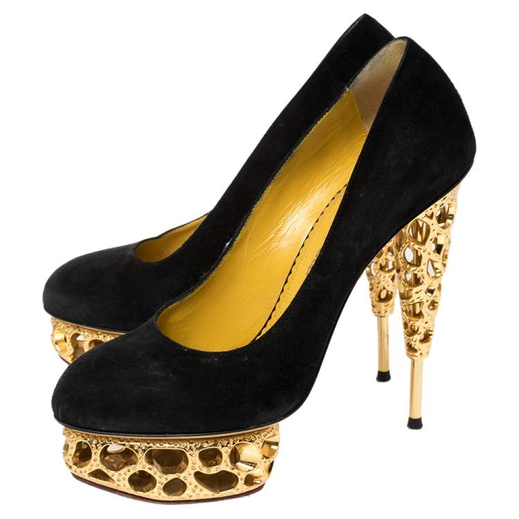 Pre Owned Charlotte Olympia Suede Gold Sculptured Heel Objets D'Art Pumps Size 39