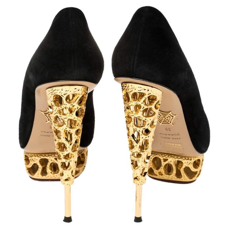 Pre Owned Charlotte Olympia Suede Gold Sculptured Heel Objets D'Art Pumps Size 39
