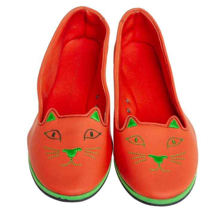 Pre Owned Charlotte Olympia Orange Rubber Kitty Flats Size 41
