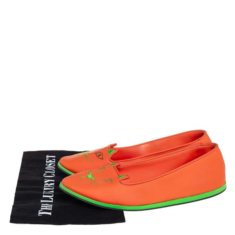 Pre Owned Charlotte Olympia Orange Rubber Kitty Flats Size 41