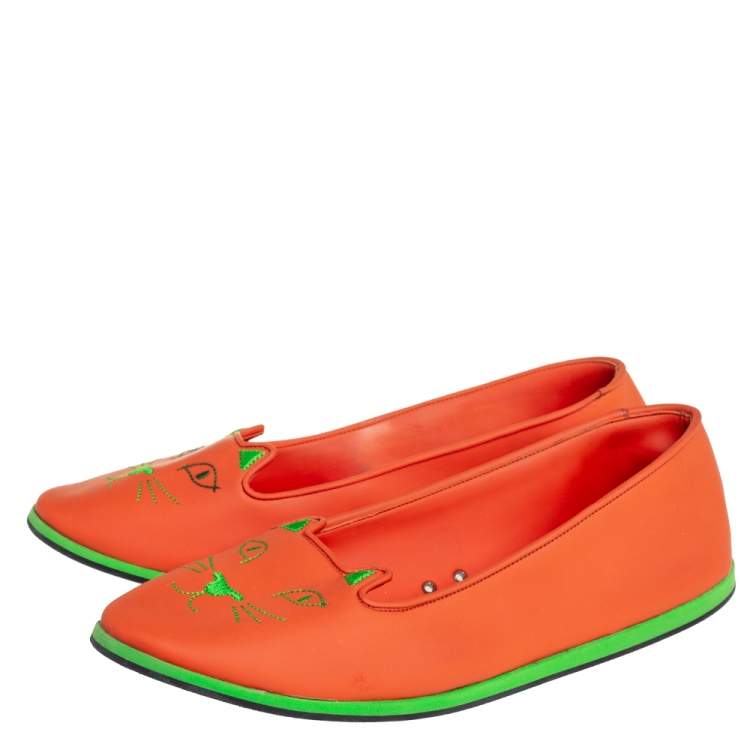 Pre Owned Charlotte Olympia Orange Rubber Kitty Flats Size 41