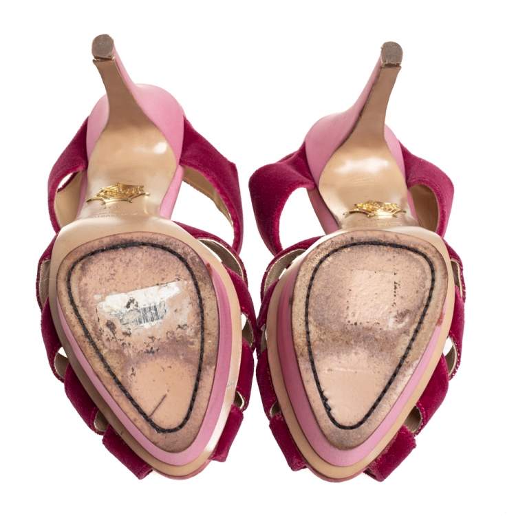 Pre Owned Charlotte Olympia Pink Suede Lace Up Platform Sandals Size 39.5