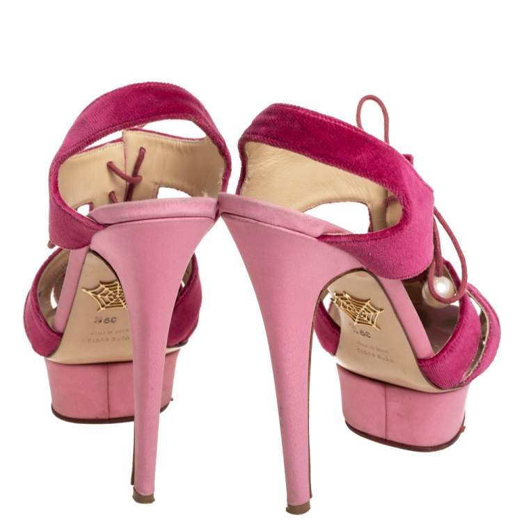 Pre Owned Charlotte Olympia Pink Suede Lace Up Platform Sandals Size 39.5